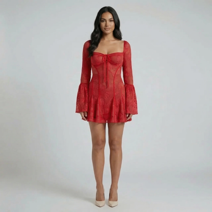 Red floral lace mini dress with corset bodice and bell sleeves — styled front view.
