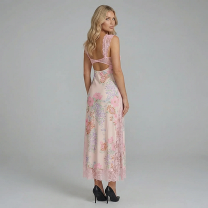 Pink floral lace midi dress — back view showing cutout and open-back design.