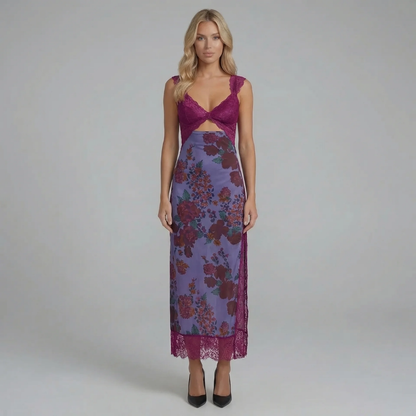 Purple floral lace midi dress — front view showing V-neckline and cutout waist detail.
