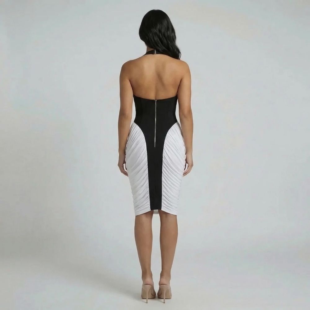 Black halter midi dress with zip-back closure and asymmetric white panels — back view highlighting open back.