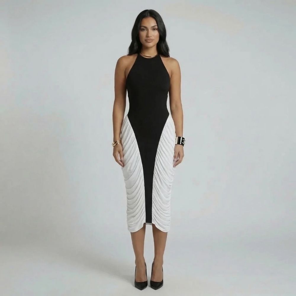 Black halter midi dress with ruched white panels — front view showing sculpted silhouette.