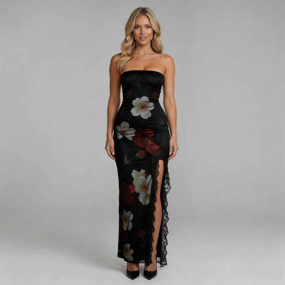 Black floral strapless maxi dress with lace-trimmed thigh-high slit — front full-length view.