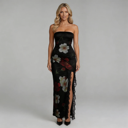 Black floral strapless maxi dress with lace-trimmed thigh-high slit — front full-length view.