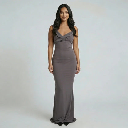 Gray backless cowl maxi dress — front view showing draped neckline and polished maxi length