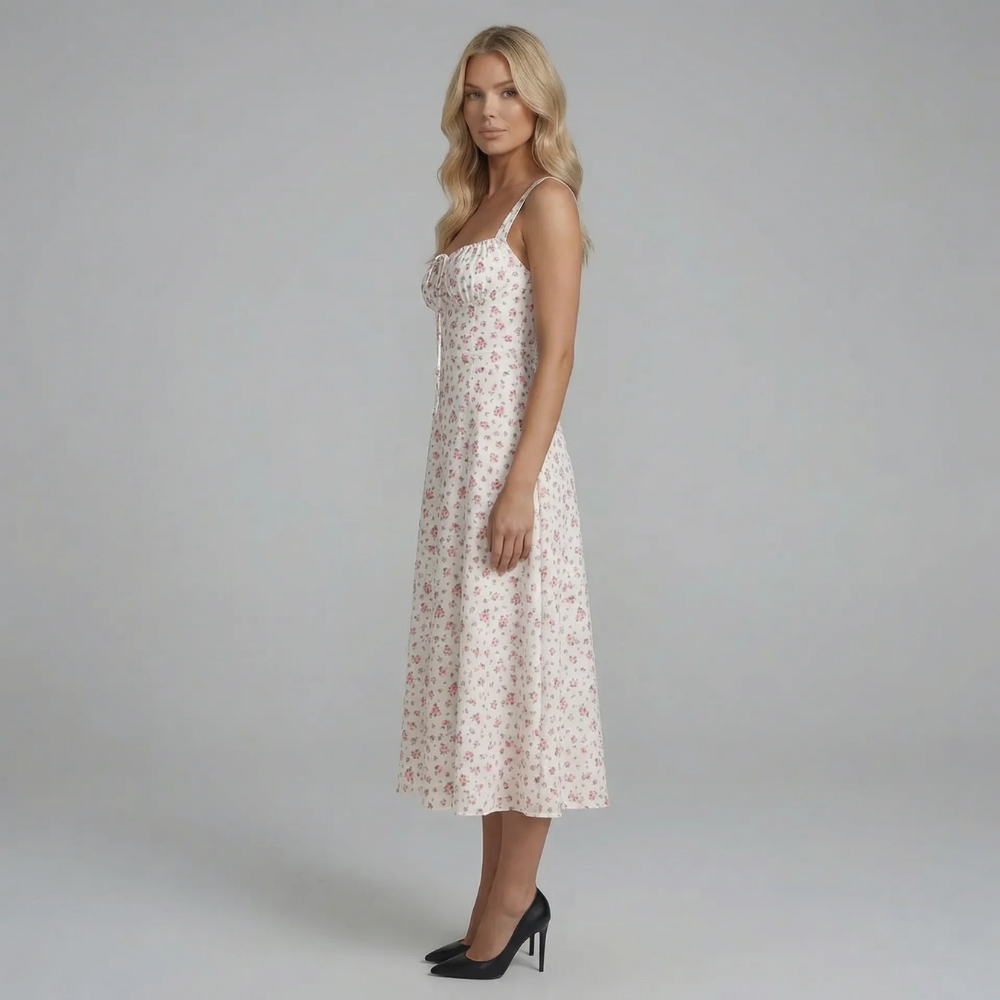 Ivory floral midi dress — side view highlighting flowing A-line skirt and corset-inspired bodice structure.