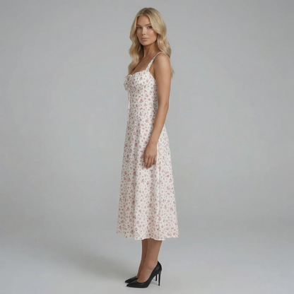 Ivory floral midi dress — side view highlighting flowing A-line skirt and corset-inspired bodice structure.