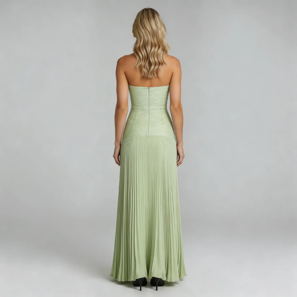 Sage pleated strapless maxi dress — back view showing zipper closure and elegant drape.