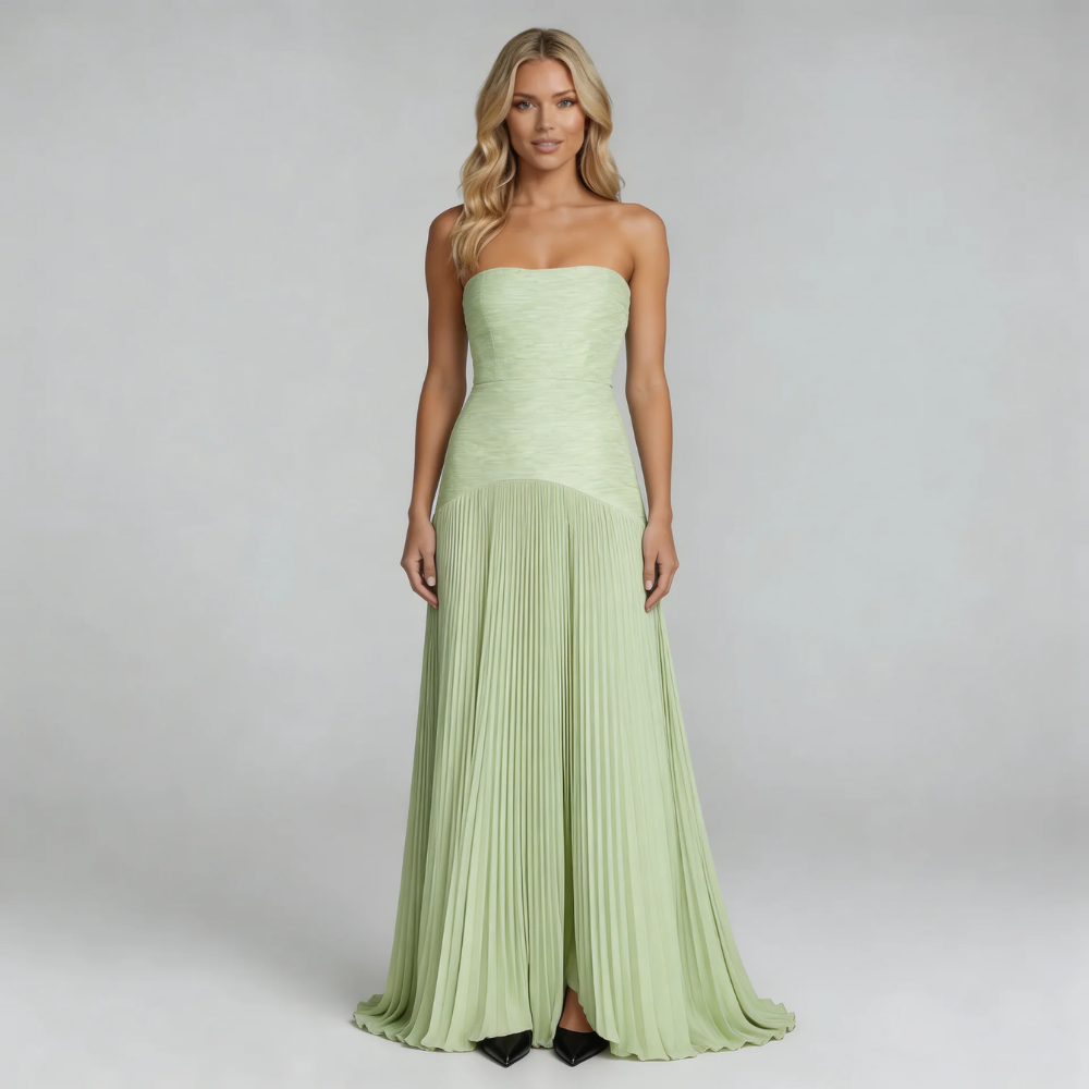 Sage pleated strapless maxi dress — front view showing flowing skirt and fitted bodice.