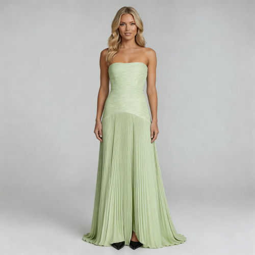 Sage pleated strapless maxi dress — front view showing flowing skirt and fitted bodice.