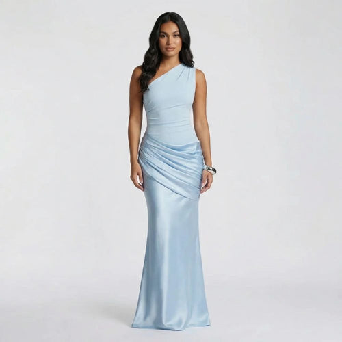 Light blue draped maxi dress with one-shoulder neckline — front view showcasing ruching and floor-length silhouette.
