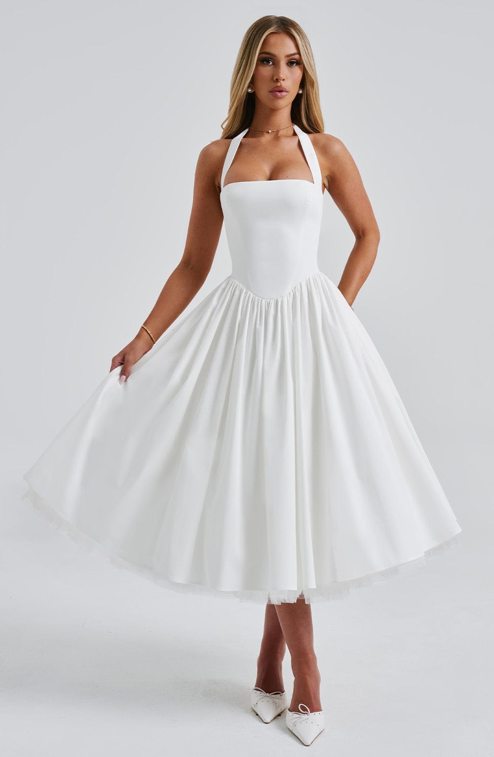 Women ivory halter midi dress, back view