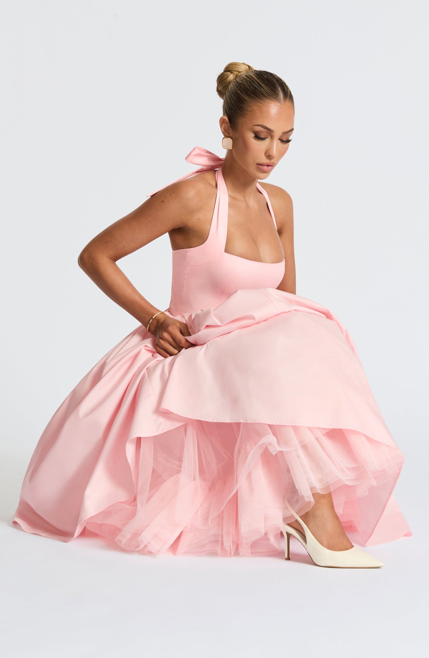 Women halter midi dress, side view