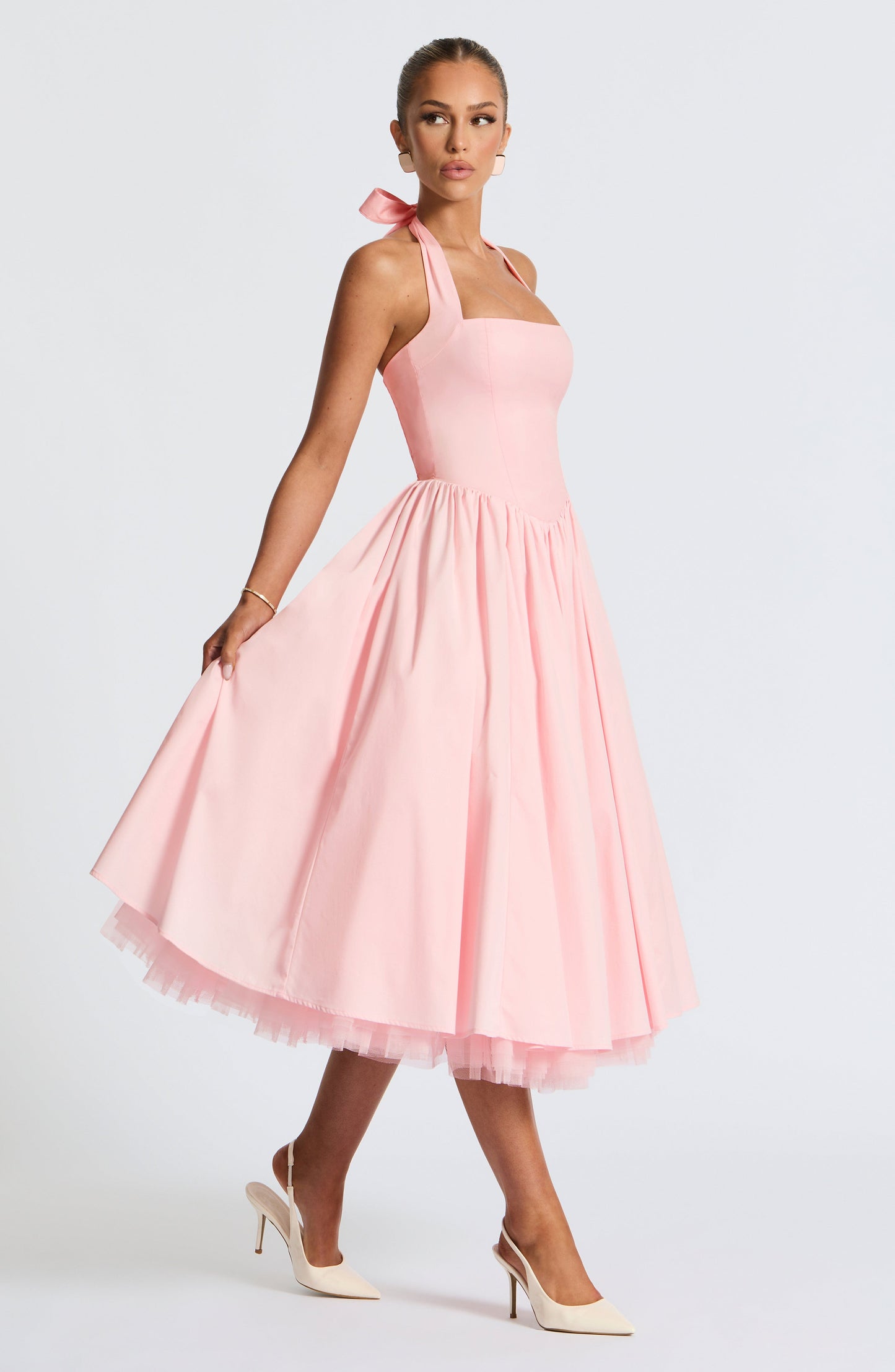 Women halter midi dress, side view