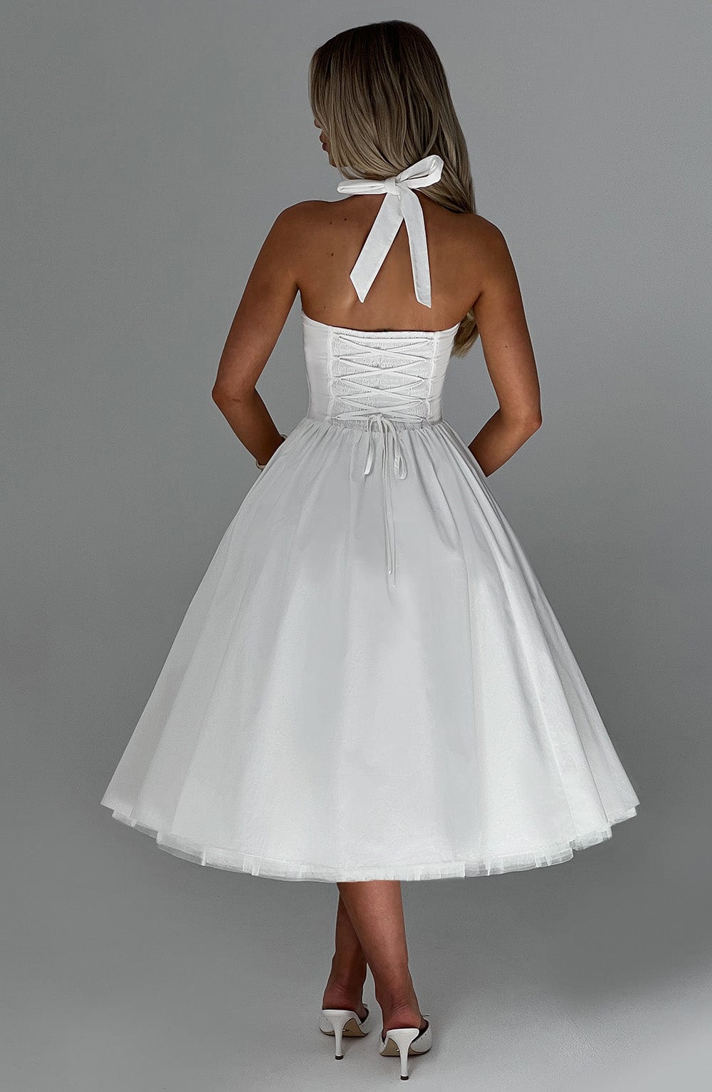 Women ivory halter midi dress, back view