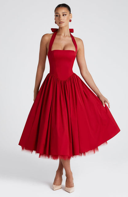 Women red halter midi dress, back view