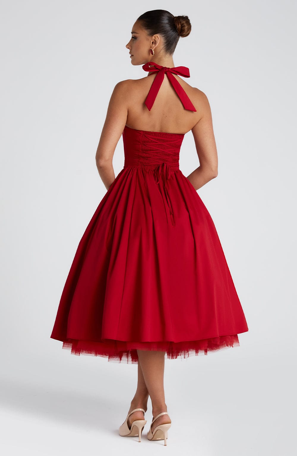 Women red halter midi dress, side view