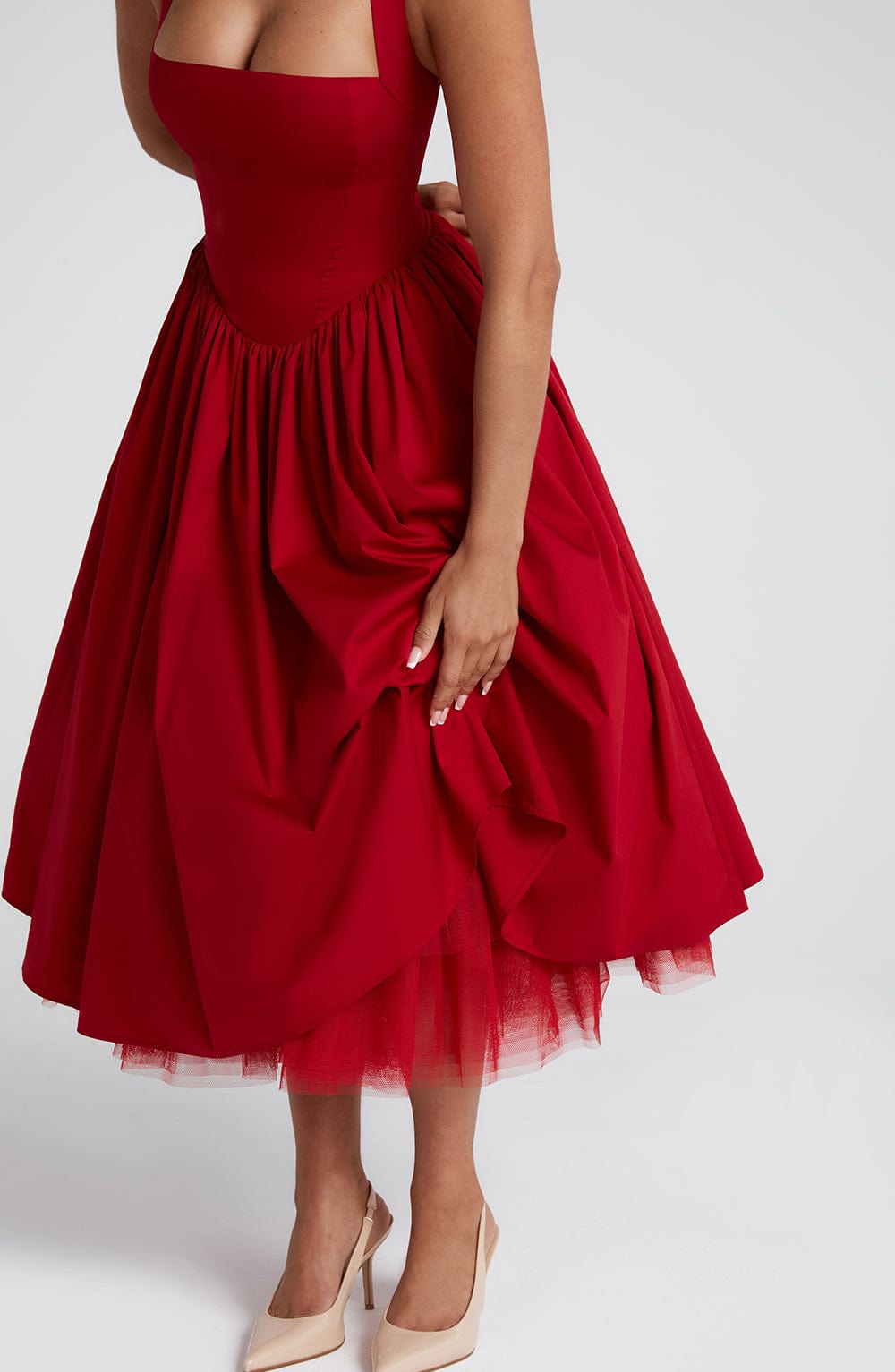 Women red halter midi dress, detail close-up