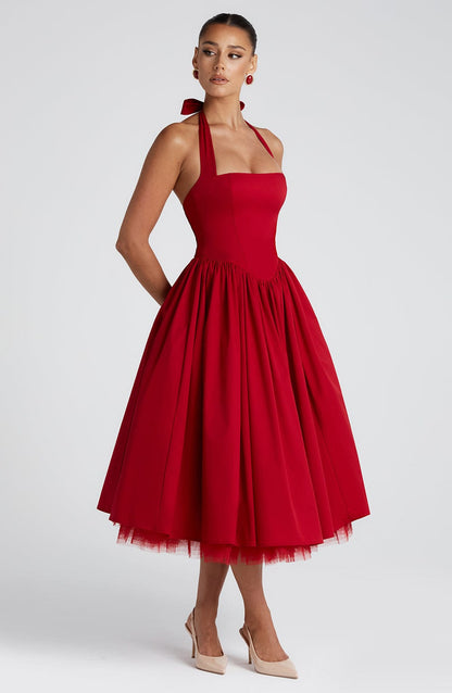 Women red halter midi dress, back view