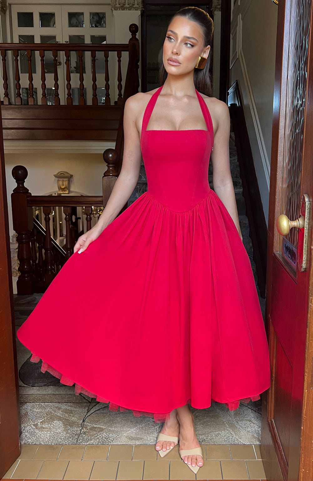 Women red halter midi dress, side view
