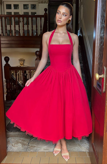 Women red halter midi dress, side view