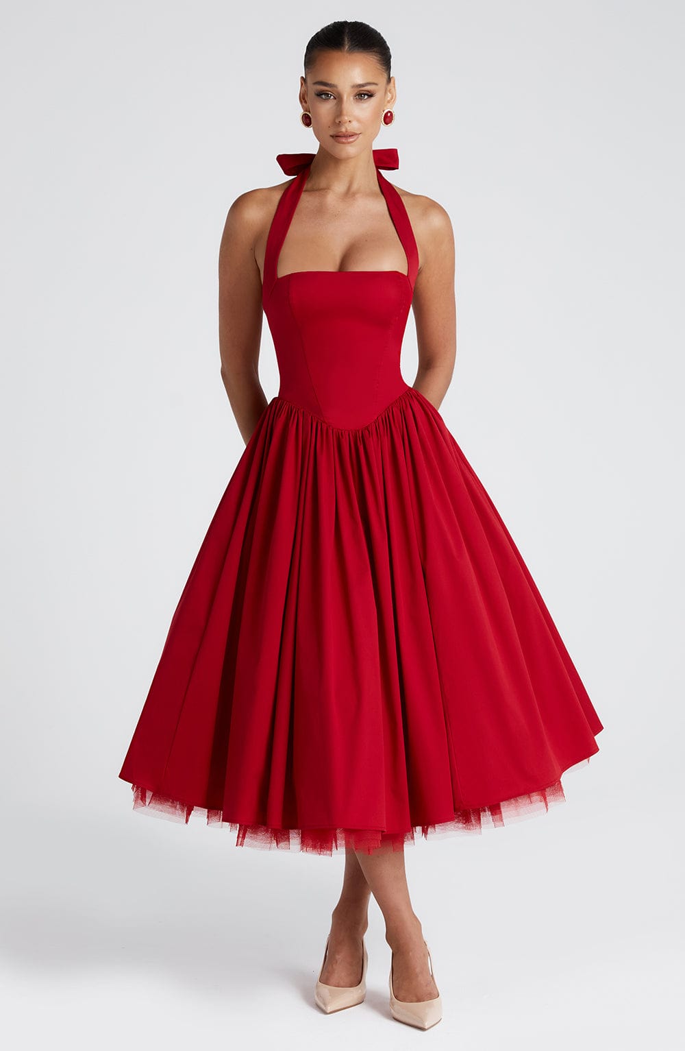 Women red halter midi dress, detail close-up