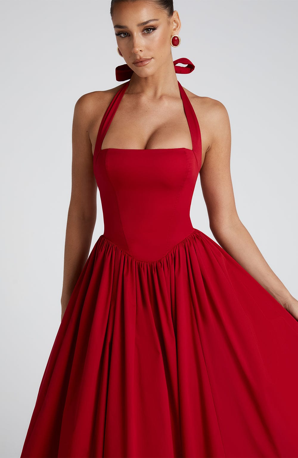 Women red halter midi dress, front view