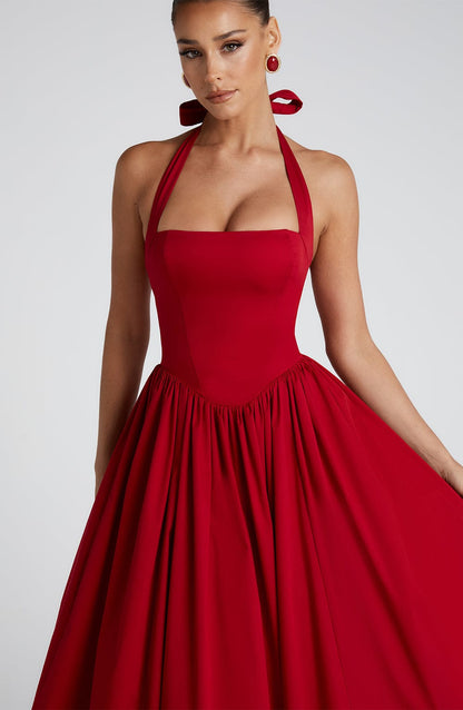 Women red halter midi dress, front view