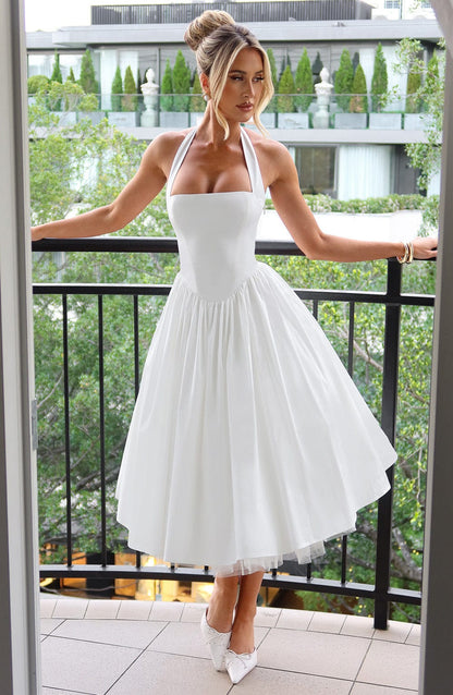 Women ivory halter midi dress, side view