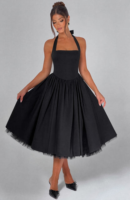 Women black halter midi dress, back view