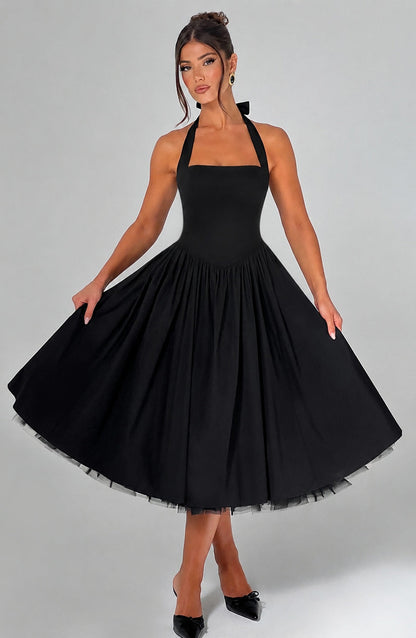 Women black halter midi dress, detail close-up