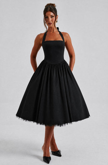 Women black halter midi dress, front view