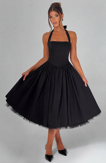 Women black halter midi dress, detail close-up