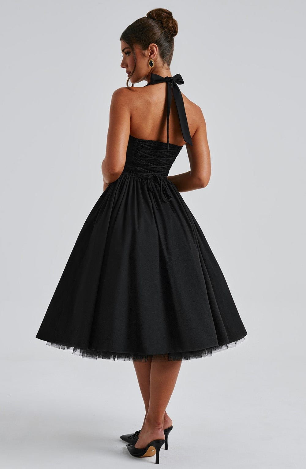 Women black halter midi dress, front view