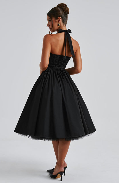 Women black halter midi dress, front view