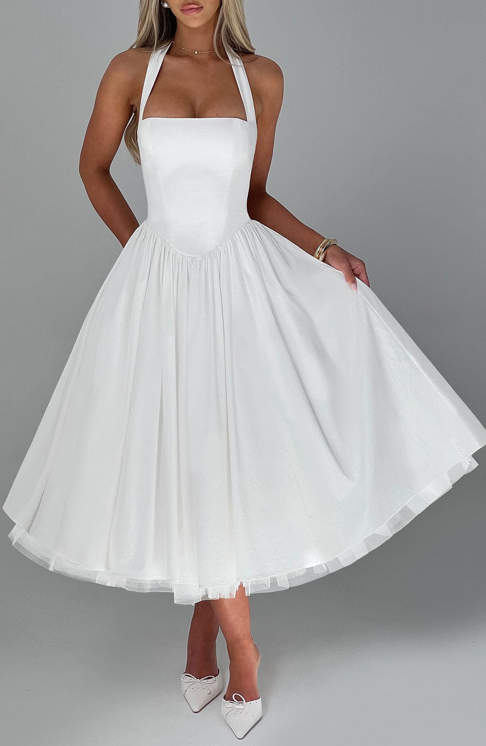 Women ivory halter midi dress, detail close-up
