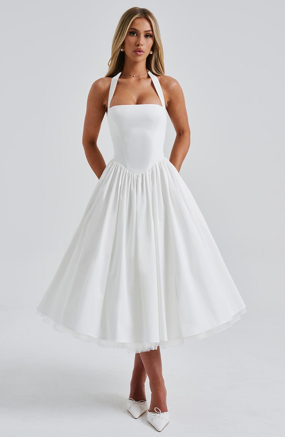 Women ivory halter midi dress, front view