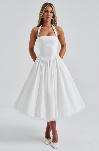 Women ivory halter midi dress, front view