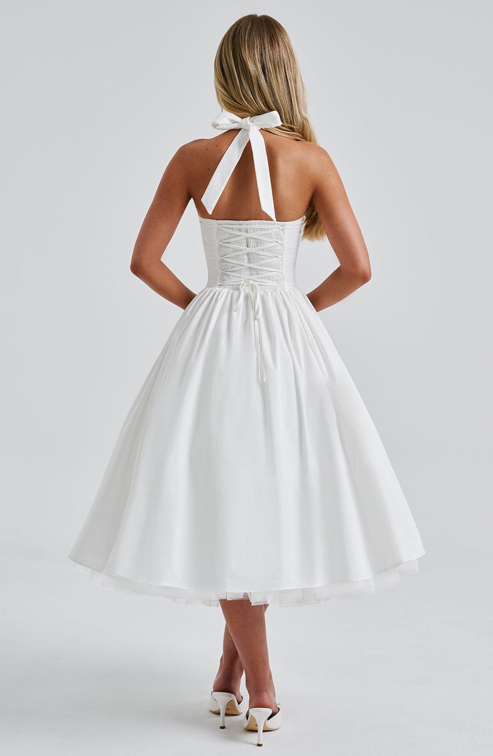 Women ivory halter midi dress, back view