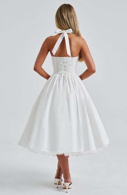 Women ivory halter midi dress, back view