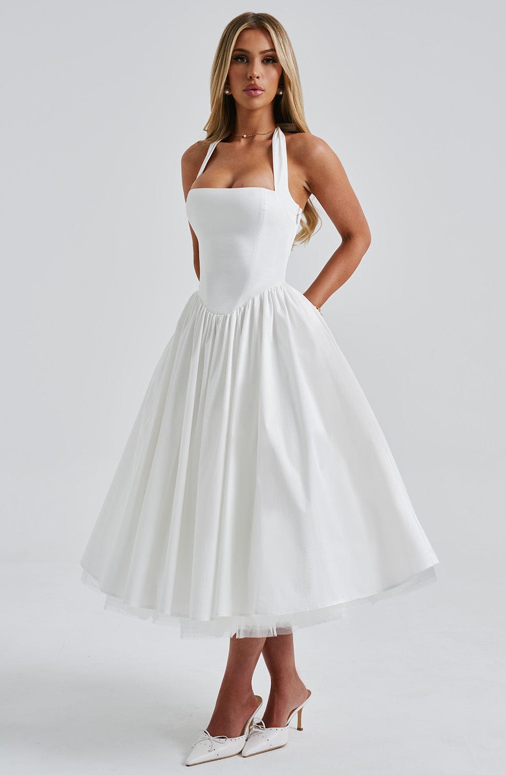 Women ivory halter midi dress, side view