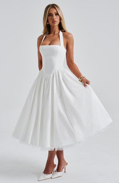 Women ivory halter midi dress, detail close-up