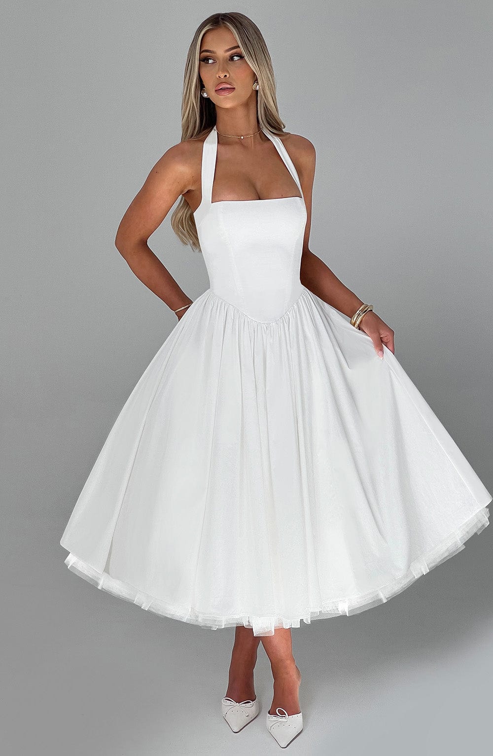 Women ivory halter midi dress, front view