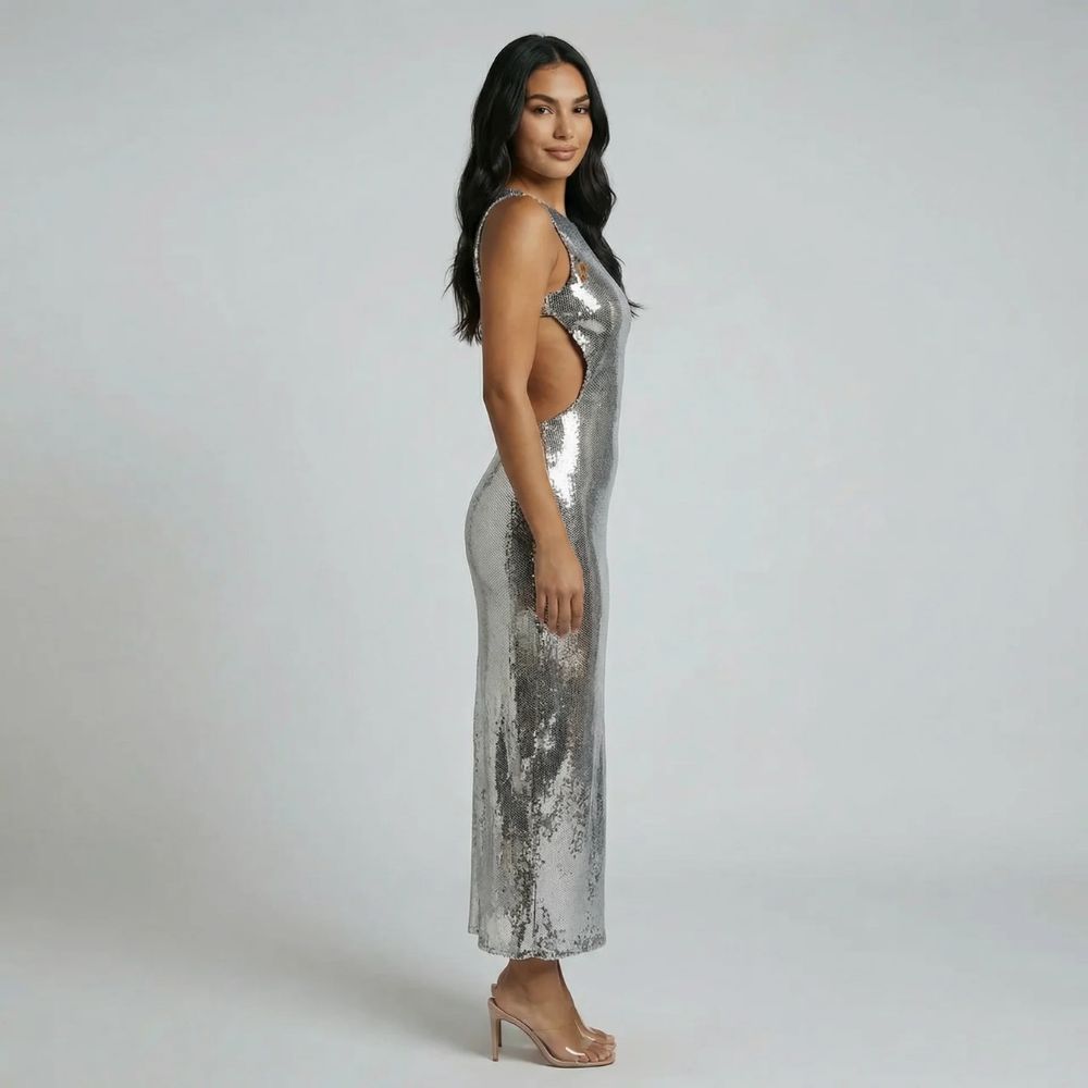 Silver sequin maxi dress with side cutouts — side profile showing tailored silhouette