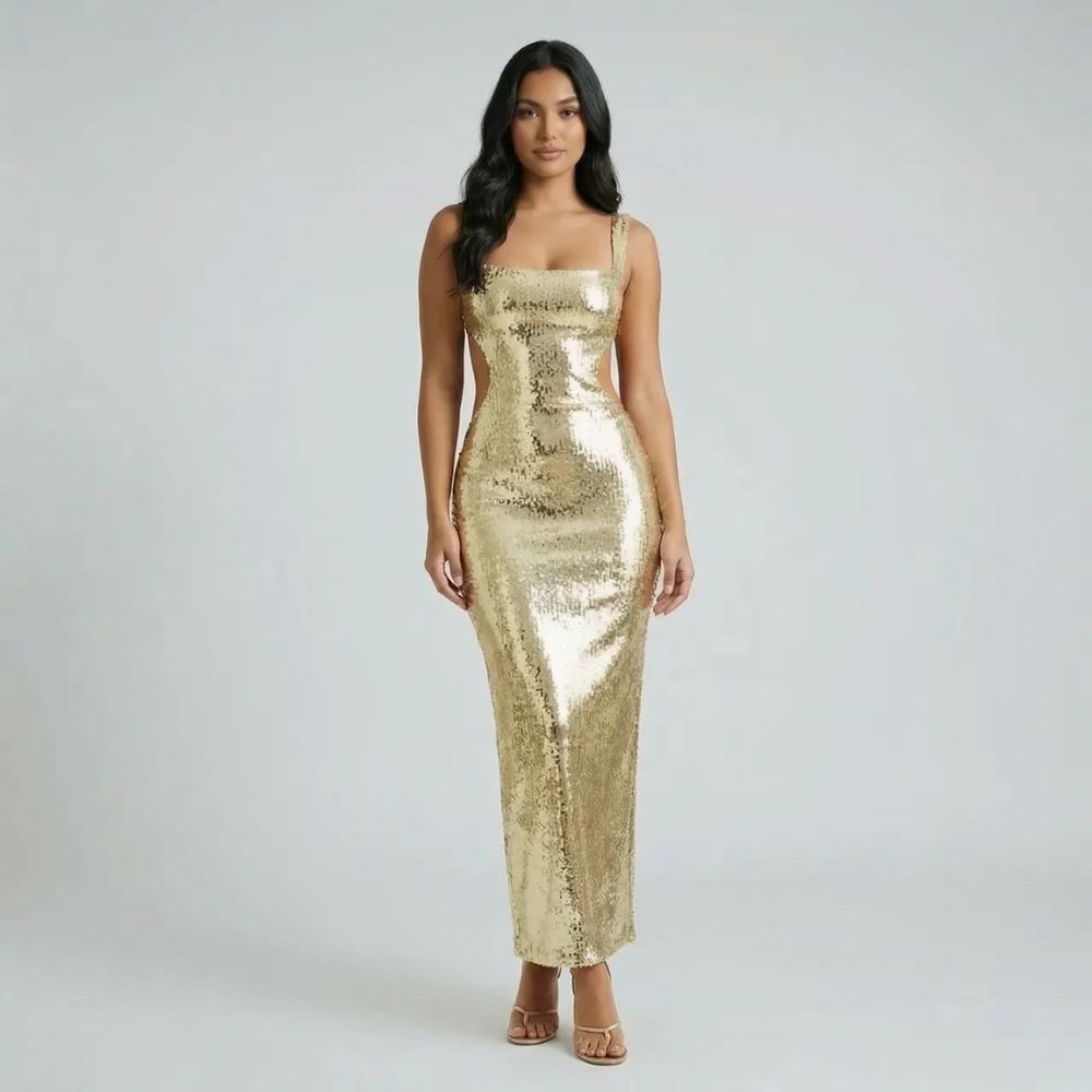 Gold sequin maxi dress with side cutouts — front view showcasing all-over shine