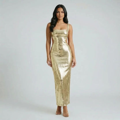 Gold sequin maxi dress with side cutouts — front view showcasing all-over shine
