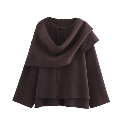 Women dark brown draped wrap coat, front view