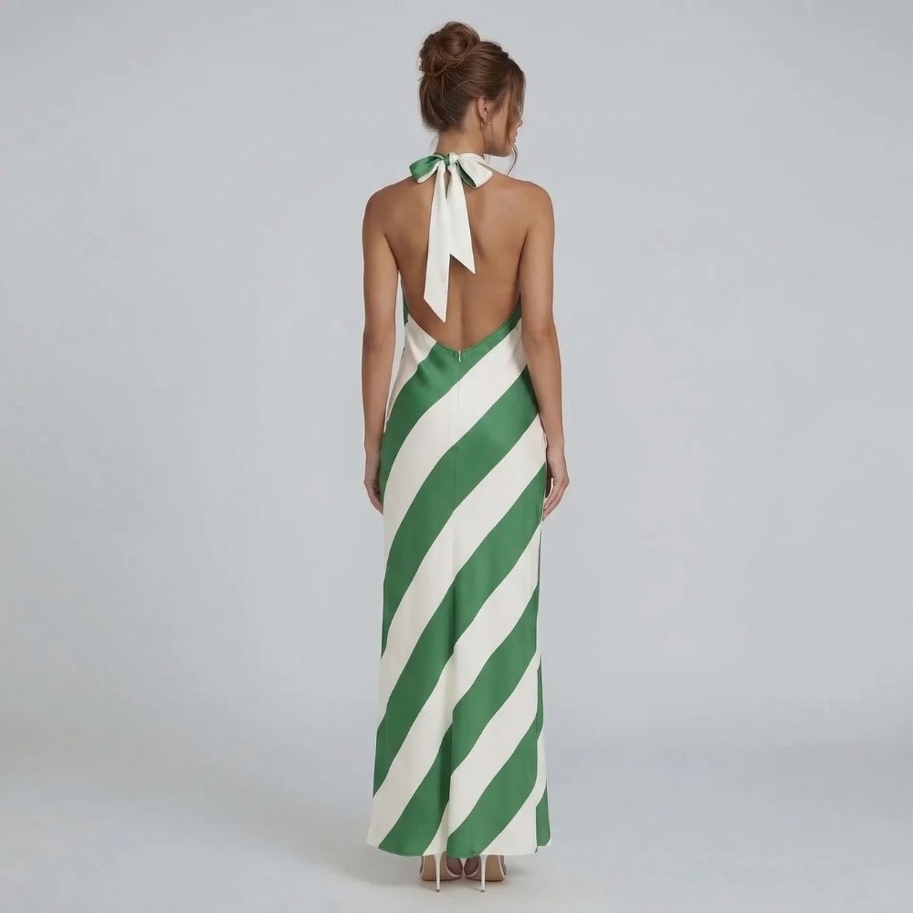Green stripe halter maxi dress — back view showcasing open-back tie design