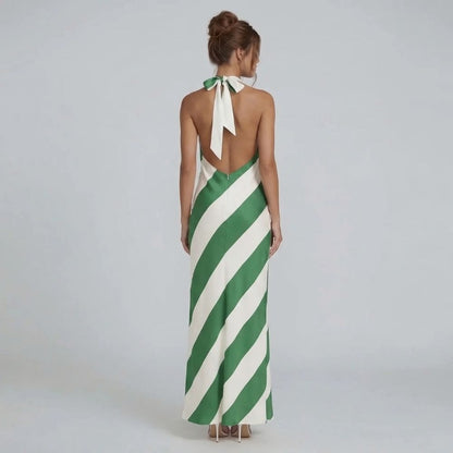 Green stripe halter maxi dress — back view showcasing open-back tie design