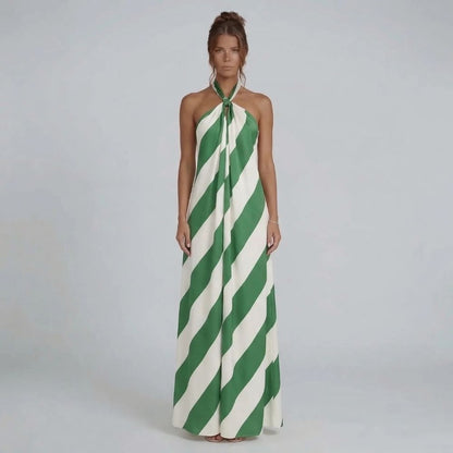 Green stripe halter maxi dress — front full-length view