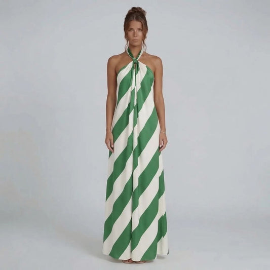 Green stripe halter maxi dress — front full-length view